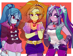 Size: 1226x945 | Tagged: safe, artist:aellira, artist:aoiriie, artist:cocktuus, artist:tolmeij, adagio dazzle, aria blaze, sonata dusk, equestria girls, g4, my little pony equestria girls: rainbow rocks, abstract background, breasts, cleavage, clothes, collaboration, female, growth spell, jewelry, looking at you, necklace, skirt, the dazzlings, trio, trio female