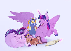 Size: 1024x740 | Tagged: safe, artist:vindhov, starlight glimmer, twilight sparkle, oc, oc:love letter, oc:marigold twinkle, alicorn, hybrid, pony, unicorn, yakony, g4, blue background, book, cloven hooves, coat markings, colored hooves, cute, facial markings, family, female, filly, half-siblings, interspecies offspring, lesbian, magic, mare, mother's day, ocbetes, offspring, older, parent:prince rutherford, parent:sunburst, parent:twilight sparkle, parents:twiburst, parents:twiford, ship:twistarlight, shipping, simple background, snip (coat marking), socks (coat markings), step-mother, step-parent and step-child, twilight sparkle (alicorn)
