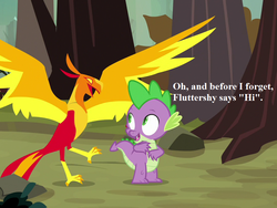 Size: 896x672 | Tagged: safe, edit, edited screencap, editor:korora, screencap, peewee, spike, bird, dragon, phoenix, g4, molt down, cropped, duo, forest, happy, implied fluttershy, landing, male, open beak, peeweebetes, solo, spread wings, stone scales, text, wings