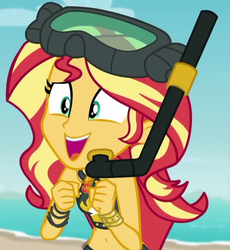 Size: 660x718 | Tagged: safe, artist:artofmagicpoland, edit, edited screencap, screencap, sunset shimmer, equestria girls, g4, my little pony equestria girls: better together, unsolved selfie mysteries, beach shorts swimsuit, belly button, cropped, cute, dive mask, female, goggles, shimmerbetes, solo, stupid sexy sunset shimmer, sunset shimmer's beach shorts swimsuit