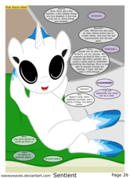 Size: 3840x5280 | Tagged: safe, artist:waveywaves, oc, oc only, oc:clockwork, oc:joule, pony, robot, robot pony, comic:sentient, comic, crossed legs, speech bubble