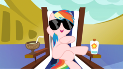 Size: 1280x720 | Tagged: safe, artist:dashiesparkle edit, edit, edited edit, edited screencap, editor:slayerbvc, screencap, vector edit, rainbow dash, pegasus, pony, every little thing she does, g4, beach chair, casual nudity, chair, chillaxing, crossed legs, drink, female, furless, furless edit, mare, nude edit, nudity, plucked, shaved, sunbathing, sunglasses, sunscreen, vector