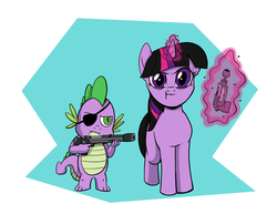 Size: 1100x850 | Tagged: safe, artist:coffeeburger, spike, twilight sparkle, dragon, pony, unicorn, g4, black mane, close rick-counters of the rick kind, duo, evil morty, evil rick, evil spike, evil twilight, eyepatch, laser gun, magic, parody, ray gun, rick and morty, scar, telekinesis, this will end in death, tranquilizer