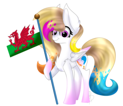 Size: 3500x3000 | Tagged: safe, artist:xxmelody-scribblexx, oc, oc only, oc:spring splat, pegasus, pony, colored wings, colored wingtips, female, flag, high res, mare, simple background, solo, transparent background, wales