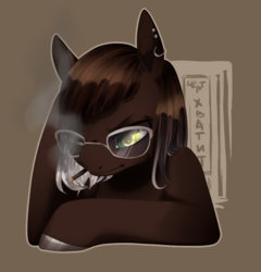 Size: 833x869 | Tagged: safe, artist:ipoloarts, oc, oc only, pony, bust, glasses, piercing, portrait, smoking, solo