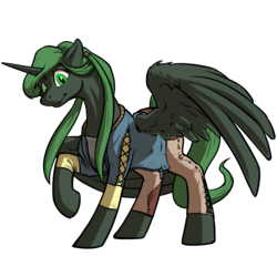 Size: 1500x1500 | Tagged: safe, artist:kalemon, oc, oc only, oc:boundless, alicorn, pony, fallout equestria, alicorn oc, artificial alicorn, clothes, fanfic, fanfic art, female, green alicorn (fo:e), hooves, horn, mare, ponytail, raised hoof, simple background, solo, spread wings, transparent background, wings