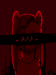 Size: 745x1000 | Tagged: safe, artist:ipoloarts, pinkie pie, pony, g4, angry, bust, creepy, ear piercing, earring, female, jewelry, laughing, monochrome, piercing, pinkamena diane pie, portrait, red background, simple background, solo, text