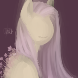 Size: 1000x1000 | Tagged: safe, artist:ipoloarts, fluttershy, pony, g4, blurry, bust, female, flower, looking at you, no eyes, no face, painting, portrait, simple background, solo, surreal