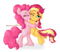 Size: 2400x2100 | Tagged: safe, artist:katakiuchi4u, pinkie pie, sunset shimmer, earth pony, pony, unicorn, g4, cheek kiss, female, freckles, high res, hug, kissing, lesbian, peppered bacon, ship:sunsetpie, shipping, simple background, sunset shimmer and pinkie pie are both made of silly putty, transparent background, unshorn fetlocks