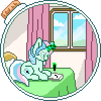 Size: 200x200 | Tagged: safe, artist:chirpy-chi, oc, oc only, pony, unicorn, animated, bed, bedroom, bottle, simple background, solo, transparent background, window, writing