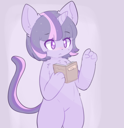 Size: 1261x1301 | Tagged: safe, artist:pegacornss, twilight sparkle, cat, anthro, g4, blushing, book, catified, female, horn, looking at you, simple background, solo, species swap, twilight cat