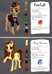 Size: 800x1127 | Tagged: safe, artist:wolfiedrawie, oc, oc only, oc:farfall, oc:painty watercolor, bowtie, clothes, color palette, cutie mark, flower, flower in hair, hat, looking at you, raised hoof, reference sheet, rose, suit, translation request