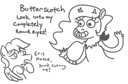 Size: 510x334 | Tagged: safe, artist:jargon scott, discord, fluttershy, g4, butterscotch, calarts, dialogue, eris, grinning potato, meme, monochrome, rule 63, scared, sketch, special eyes, thin-line style