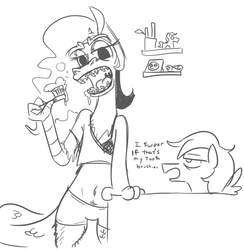 Size: 652x667 | Tagged: safe, artist:jargon scott, discord, fluttershy, anthro, g4, angry, butterscotch, eris, happy trail, monochrome, rule 63, sketch, teeth, toothbrush, toothpaste