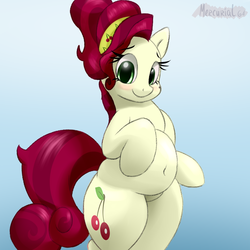 Size: 1280x1280 | Tagged: safe, artist:mercurial64, cherry jubilee, earth pony, pony, g4, belly, belly button, bipedal, chubby, cute, digital art, female, gradient background, jubibetes, looking at you, plump, signature, smiling, solo