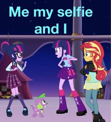 Size: 1044x1148 | Tagged: dead source, safe, artist:php77, editor:php77, sci-twi, spike, spike the regular dog, sunset shimmer, twilight sparkle, alicorn, dog, equestria girls, equestria girls series, g4, foreshadowing, me my selfie and i, twilight sparkle (alicorn)