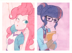 Size: 1882x1367 | Tagged: safe, artist:tyantyai_mokka, pinkie pie, sci-twi, twilight sparkle, equestria girls, g4, my little pony equestria girls: friendship games, book, clothes, duo, glasses, looking at you, one eye closed, traditional art, watercolor painting, wink