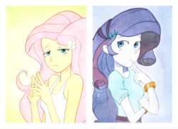 Size: 1880x1365 | Tagged: safe, artist:tyantyai_mokka, fluttershy, rarity, equestria girls, g4, bracelet, clothes, duo, female, jewelry, looking at you, traditional art, watercolor painting