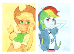 Size: 1882x1365 | Tagged: safe, artist:tyantyai_mokka, applejack, rainbow dash, equestria girls, g4, applejack's hat, blushing, clothes, cowboy hat, duo, female, hat, lesbian, looking at you, ship:appledash, shipping, traditional art, watercolor painting