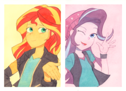 Size: 1880x1365 | Tagged: safe, artist:tyantyai_mokka, starlight glimmer, sunset shimmer, equestria girls, g4, clothes, duo, jacket, leather jacket, looking at you, one eye closed, traditional art, watercolor painting, waving, wink