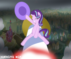 Size: 1024x856 | Tagged: safe, artist:danielitamlp, starlight glimmer, pony, unicorn, g4, clothes, dr. strangelove, eyes closed, female, grin, hat, parody, ponyville, riding, riding a bomb, rocket, show accurate, smiling, solo, sweet apple acres, this will end in tears and/or death, toy interpretation, trixie's hat, trixie's rocket, waving