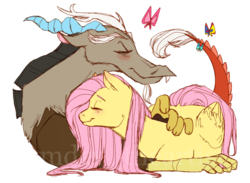 Size: 1024x748 | Tagged: safe, artist:mdevthedeviantartist, discord, fluttershy, g4, blushing, couple, eyes closed, female, hug, male, ship:discoshy, shipping, simple background, straight, transparent background, watermark