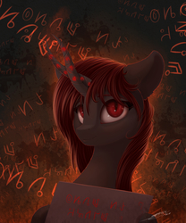 Size: 2500x3000 | Tagged: safe, artist:skitsroom, oc, oc only, oc:marksaline, necromorph, pony, bust, dead space, foreign language, high res, portrait, solo