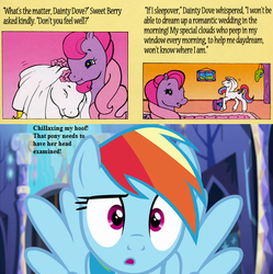 Size: 528x530 | Tagged: source needed, safe, edit, edited screencap, editor:korora, screencap, dainty dove (g2), rainbow dash, sweet berry, comic:sleep-over at sweet-berry's, every little thing she does, g2, g4, carpet, comic, cropped, insanity, low effort, picture, text, twilight's castle, wedding veil