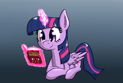 Size: 1544x1050 | Tagged: safe, artist:zogzor, twilight sparkle, alicorn, pony, g4, book, doki doki literature club!, female, glowing horn, horn, magic, mare, reading, twilight sparkle (alicorn)