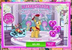 Size: 2048x1417 | Tagged: safe, gameloft, flash magnus, pegasus, pony, g4, advertisement, armor, coin, costs real money, crystal coins, game screencap, helmet, introduction card, male, solo, stallion, weights