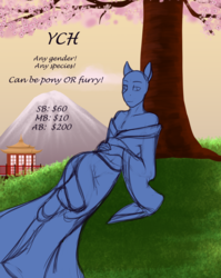 Size: 1024x1284 | Tagged: safe, artist:blackblood-queen, anthro, auction, clothes, commission, grass, kimono (clothing), mountain, off shoulder, scenery, sketch, smiling, solo, tree, your character here