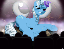 Size: 4125x3187 | Tagged: safe, artist:styroponyworks, trixie, pony, unicorn, g4, audience, butt, clothes, female, giant pony, hat, lying, macro, mare, plot, silhouette, smiling, solo focus, stage, trixie's hat, underhoof