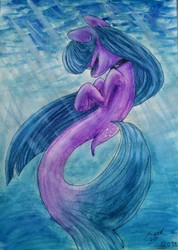 Size: 2889x4049 | Tagged: safe, artist:elisdoominika, oc, oc only, oc:cosmia nebula, ocean, seaponified, solo, species swap, traditional art, underwater, watercolor painting