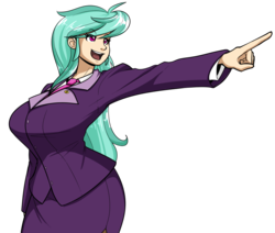 Size: 1041x882 | Tagged: dead source, safe, artist:reiduran, oc, oc only, oc:ostria chime, human, ace attorney, clothes, female, humanized, humanized oc, objection, phoenix wright, pointing, simple background, smiling, solo, suit, transparent background