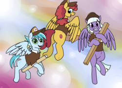 Size: 1280x931 | Tagged: safe, artist:pony quarantine, appointed rounds, rainy day, sunny delivery, pegasus, pony, g4, clothes, female, flying, hairband, hat, hoof hold, looking at you, looking back, mailmare, mailmare hat, mare, open mouth, package, sky, smiling, spread wings, trio, underhoof, uniform, wings