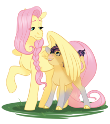 Size: 1280x1440 | Tagged: safe, artist:whisperseas, fluttershy, oc, oc:stormhoof, hybrid, g4, braid, cloven hooves, female, interspecies offspring, lidded eyes, male, mother and son, offspring, parent:fluttershy, parent:iron will, parents:ironshy, simple background, transparent background, wing shelter