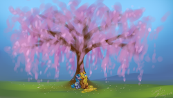 Size: 1920x1080 | Tagged: safe, artist:elisdoominika, oc, oc:amber, oc:sweet elis, female, flower, kissing, lesbian, tree, tulpa