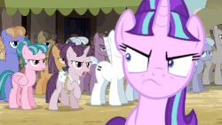 Size: 749x421 | Tagged: safe, artist:jackdc93, edit, edited screencap, screencap, amethyst skim, currant dust, double diamond, dusk drift, flower flight, moon dust, night glider, party favor, starlight glimmer, sugar belle, sunny song, earth pony, pony, unicorn, g4, the cutie map, animated, equalized, error, female, frown, get out (pmv), glitch, looking down, male, mare, pmv, stallion, youtube link
