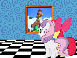 Size: 800x600 | Tagged: artist needed, safe, edit, apple bloom, sweetie belle, g4, checkered floor, female, filly, foal, framed picture, super mario, super mario 64, whomp's fortress