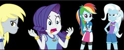 Size: 1024x414 | Tagged: safe, derpy hooves, rainbow dash, rarity, trixie, equestria girls, g4, my little pony equestria girls: legend of everfree, black background, camp everfree outfits, simple background