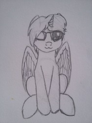 Size: 3264x2448 | Tagged: safe, artist:nazreen115, oc, oc only, alicorn, pony, alicorn oc, glasses, high res, horn, male, one eye closed, sitting, smiling, solo, stallion, traditional art, wings, wink