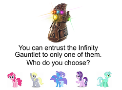 Size: 1497x1103 | Tagged: safe, derpy hooves, lyra heartstrings, pinkie pie, starlight glimmer, trixie, earth pony, pegasus, pony, unicorn, g4, adventure in the comments, cape, clothes, female, hat, infinity gauntlet, infinity gems, mare, marvel, no matter who wins we lose, pick one, simple background, text, this will end in tears and/or death, trixie's cape, trixie's hat, white background, xk-class end-of-the-world scenario