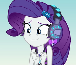 Size: 843x718 | Tagged: safe, screencap, rarity, equestria girls, g4, lost and found, my little pony equestria girls: better together, bikini, bikini top, clothes, cropped, cute, female, geode of shielding, headphones, jewelry, magical geodes, necklace, raribetes, rarity's purple bikini, solo