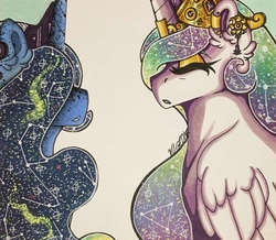 Size: 1280x1114 | Tagged: safe, artist:nightmare-moons-throneroom, princess celestia, princess luna, alicorn, pony, g4, constellation, constellation hair, duo, ear fluff, ear piercing, earring, ethereal mane, eyes closed, eyeshadow, female, hair over one eye, horn, horn jewelry, jewelry, makeup, mare, missing accessory, piercing, sidemouth, simple background, starry mane, tiara, white background