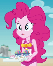 Size: 578x720 | Tagged: safe, screencap, pinkie pie, human, equestria girls, g4, my little pony equestria girls: better together, too hot to handle, animated, blinking, clothes, confused, cropped, female, food, geode of sugar bombs, gif, snow cone, solo, swimsuit