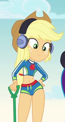 Size: 387x720 | Tagged: safe, screencap, applejack, equestria girls, g4, lost and found, my little pony equestria girls: better together, apple, belly button, clothes, cowboy hat, cropped, female, food, freckles, geode of super strength, hat, headphones, hips, looking down, magical geodes, midriff, sexy, shovel, smiling, swimsuit, thigh gap