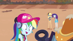 Size: 800x450 | Tagged: safe, screencap, applejack, rainbow dash, rarity, equestria girls, g4, lost and found, my little pony equestria girls: better together, animated, cap, clothes, female, geode of super speed, hat, magical geodes, nokia 3310, swimsuit
