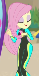 Size: 304x582 | Tagged: safe, screencap, fluttershy, blue crushed, equestria girls, g4, my little pony equestria girls: better together, clothes, cropped, eyes closed, female, fluttershy's wetsuit, geode of fauna, smiling, solo, swimsuit, wetsuit