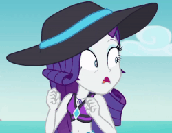 Size: 926x720 | Tagged: safe, screencap, rarity, human, equestria girls, g4, lost and found, my little pony equestria girls: better together, animated, belly button, bikini, bikini top, blinking, clothes, cropped, eyebrows, eyeshadow, female, frown, gif, hat, makeup, open mouth, rarity's purple bikini, scared, solo, sun hat, swimsuit, teeth