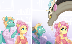 Size: 1293x788 | Tagged: safe, artist:ladychimaera, discord, fluttershy, zephyr breeze, draconequus, pegasus, anthro, g4, 2 panel comic, brother and sister, clothes, comic, envy, eye contact, female, jealous, looking at each other, male, mare, ship:discoshy, shipping, shirt, stallion, straight, yandere, yanderecord
